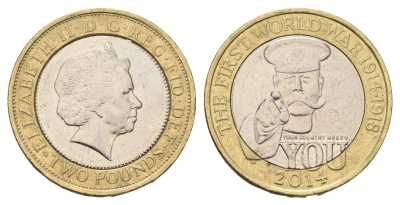 Великобритания 2 фунта 2014 100 лет Первой Мировой войне KM 1279 биметалл 4111-1244