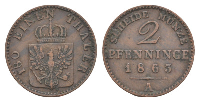Пруссия 2 пфеннига 1863 A, Вильгельм I (1861-1888) KM 481, Jaeger 51, AKS 107, Olding 425 медь 4651-315