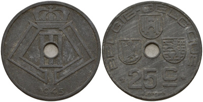 Бельгия 25 сантимов 1945 Belgie-Belgique, Леопольд III (1934-1947), германская оккупация KM 132 цинк 4157-643