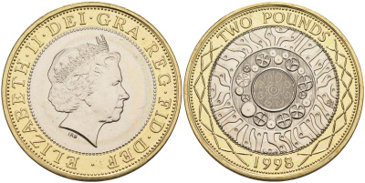 Великобритания 2 фунта 1998 Елизавета II (1952-2022) KM 994, Spink 4570 (K9) (K9) биметалл 4590-1225