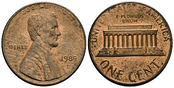 США 1 цент 1985 D, Линкольн KM 201b цинк плакированный медью 4136-262