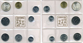 Сан-Марино годовой набор из 8 монет 1972 1, 2, 5, 10, 20, 50, 100 и 500 лир мать поднимает ребенка в воздух KM 14-21, в оригинальной пластиковой запайке серебро KM MS1 серебро UNC 5-4-3-52