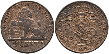 БЕЛЬГИЯ 2 САНТИМА 1859 BELGES KM 4.2 медь 95-653