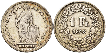 Швейцария 1 франк 1943 В KM 24 серебро 92-1247