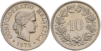 Швейцария 10 раппенов 1974 KM 27 медно-никель 4189-423