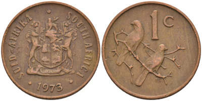 ЮАР 1 ЦЕНТ 1973 ГЕРБ, КАПСКИЕ ВОРОБЬИ KM 82 бронза 4588-1254