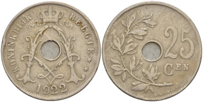 БЕЛЬГИЯ 25 САНТИМОВ 1922 BELGIE KM 69 медно-никель 4546-143