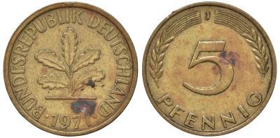 ФРГ 5 пфеннигов 1971 J KM 107, J.382 сталь плакированная латунью 4174-524