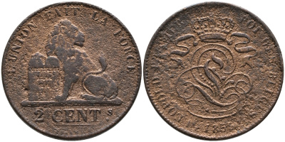 БЕЛЬГИЯ 2 САНТИМА 1859 BELGES KM 4.2 медь 95-653