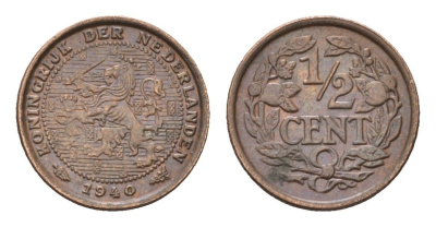 Нидерланды 1/2 цента 1940 Вильгельмина (1890-1948) KM 138 бронза 4674-1121