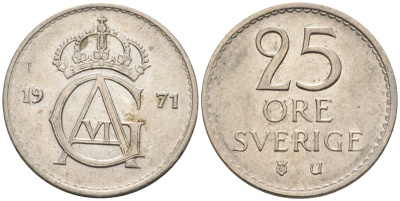 Швеция 25 эре 1971 Густав VI Адольф (1950-1973) KM 836 медно-никель UNC 4585-468