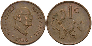ЮАР 1 ЦЕНТ 1976 ПРЕЗИДЕНТ ЯКОБУС ЙОХАННЕС ФУШЕ, КАПСКИЕ ВОРОБЬИ KM 91 бронза 66-243