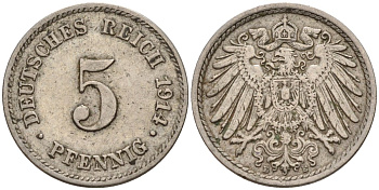 Германия 5 пфеннигов 1914 E KM 11, J. 12 медно-никель 4151-552