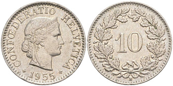 ШВЕЙЦАРИЯ 10 РАППЕНОВ 1955 В KM 27 медно-никель 55-246
