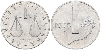 Италия 1 лира 1955 R, весы KM 91 алюминий  UNC  4594-653