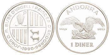 Андорра 1 динер 1990 Беркут, тираж 3.000 экземпляров KM 66 серебро BU 441-235