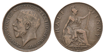 Великобритания 1/2 пенни 1919 Георг V (1910-1936) KM 809, Spink 4056 бронза 4662-1027