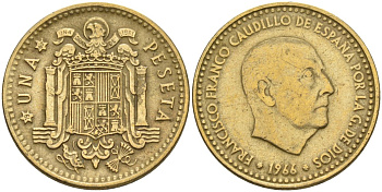 Испания 1 песета 1966 (67) Франсиско Франко (1939-1975) KM 796 алюминиевая бронза 4604-146