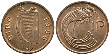 ИРЛАНДИЯ 1 ПЕННИ 1986 ПТИЧКА KM 20 бронза UNC 4110-632