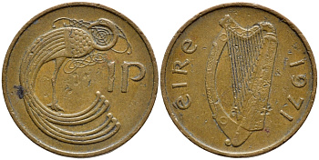 ИРЛАНДИЯ 1 ПЕННИ 1971 ПТИЧКА KM 20 бронза 4397-134
