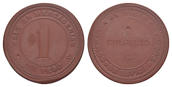 Чили, компании Gatito шахтерский жетон с Медного рудника для покупки в местных магазинах, номиналом в 1 песо конец XIX века диаметр 40 мм, вес 5,35 гр не описан в Espinosa эбонит (красный) 1066-5-34