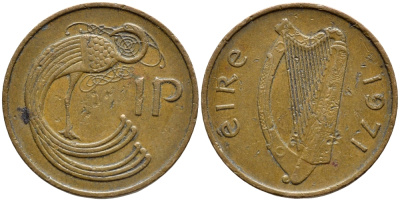 ИРЛАНДИЯ 1 ПЕННИ 1971 ПТИЧКА KM 20 бронза 4397-134