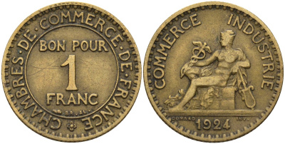 Франция 1 франк 1924 KM 876, Le Franc 218.5 алюминиевая бронза 4142-747