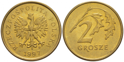 Польша 2 гроша 1997 MW KM 277, Parchimowicz 702d латунь UNC 4516-1134