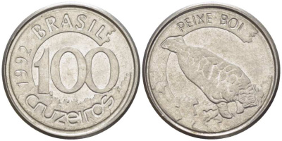 БРАЗИЛИЯ 100 КРУЗЕЙРО 1992 РЕФОРМА 1990-1993, ЛАМАНТИН KM 623 нержавеющая сталь 4392-911