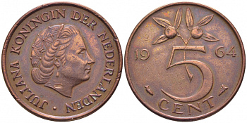 НИДЕРЛАНДЫ 5 ЦЕНТОВ 1964 ЮЛИАНА KM 181 бронза 3856-736