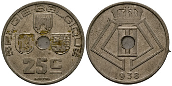 Бельгия 25 сантимов 1938 Belgie - Belgique KM 115 никель латунь 4403-1241