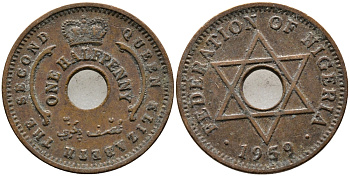 Нигерия 1/2 пенни 1959 Елизавета II (1952-), Британский протекторат KM 1 бронза 4387-258