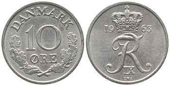 ДАНИЯ 10 ЭРЕ 1963 C; S, ФРЕДЕРИК IX (1947-1972) KM 849.1 медно-никель 100-1144