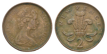 Великобритания 2 пенса 1975 Елизавета II (1952-2022) KM 916, Spink 4235 (C1) бронза 4671-1145