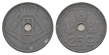 Бельгия 25 сантимов 1943 Belgie - Belgique, Леопольд III (1934-1947), германская оккупация, Вторая мировая война KM 132 цинк 4150-936