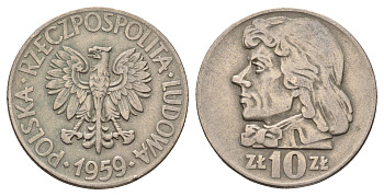Польша 10 злотых 1959 MW, Тадеуш Костюшко, первый год Y 50 медно-никель 59-1823