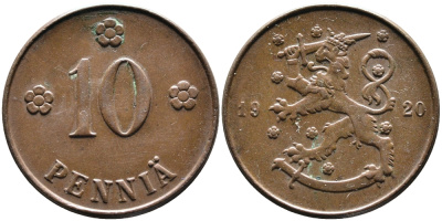 Финляндия 10 пенни 1920 республика (1918-1962) KM 24 медь 4388-916