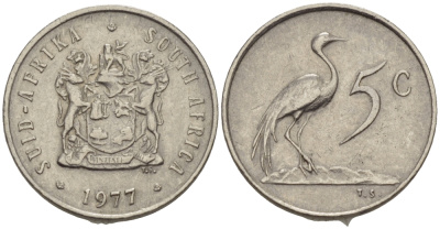 ЮАР 5 центов 1977 герб, райский журавль KM 84 никель 66-331