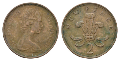 Великобритания 2 пенса 1975 Елизавета II (1952-2022) KM 916, Spink 4235 (C1) бронза 4671-1145