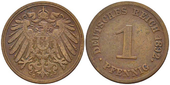 ГЕРМАНИЯ 1 ПФЕННИГ 1892 G KM 10, J. 10, Weege 2 медь 211-146
