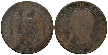 ФРАНЦИЯ 5 САНТИМОВ 185Х А, НАПОЛЕОН III KM 777.1 бронза 67-123