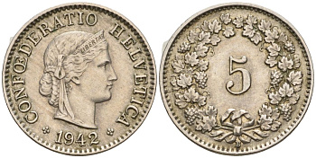 Швейцария 5 раппенов 1942 B KM 26 медно-никель 4608-441