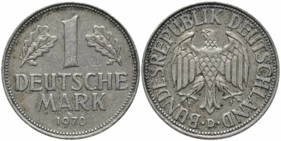 ФРГ 1 МАРКА 1970 D, KM 110, J. 385 медно-никель 113-151
