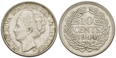 Нидерланды 10 центов 1944 Вильгельмина (1890-1948) KM 163 серебро aUNC 66-1248