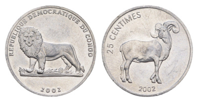 ДР Конго 25 сантимов 2002 Животные - Гривистый баран KM 77 алюминий 4651-616