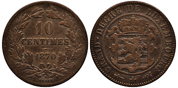 ЛЮКСЕМБУРГ 10 САНТИМОВ 1870 u, ГЕРЦОГ ВИЛЛЕМ III НИДЕРЛАНДСКИЙ (1849-1890), МОНДВОР УТРЕХТ, С ТОЧКОЙ НАД BARTH НА РЕВЕРСЕ КМ 23.1 бронза 4536-436