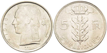 БЕЛЬГИЯ 5 ФРАНКОВ 1978 BELGIQUE, БОДУЭН I (1951-1993) KM 134.1 медно-никель 202-1255