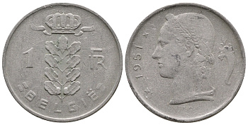 БЕЛЬГИЯ 1 ФРАНК 1951 BELGIE KM 143.1 медно-никель 4381-531