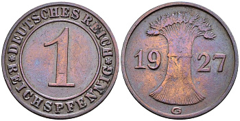 ГЕРМАНИЯ 1 РЕЙХСПФЕННИГ 1927 G KM 37, J. 313, Weege 2 бронза 4547-125