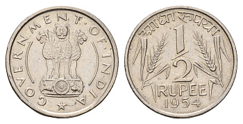 Индия 1/2 рупии 1954 KM 6.2 никель 4654-947